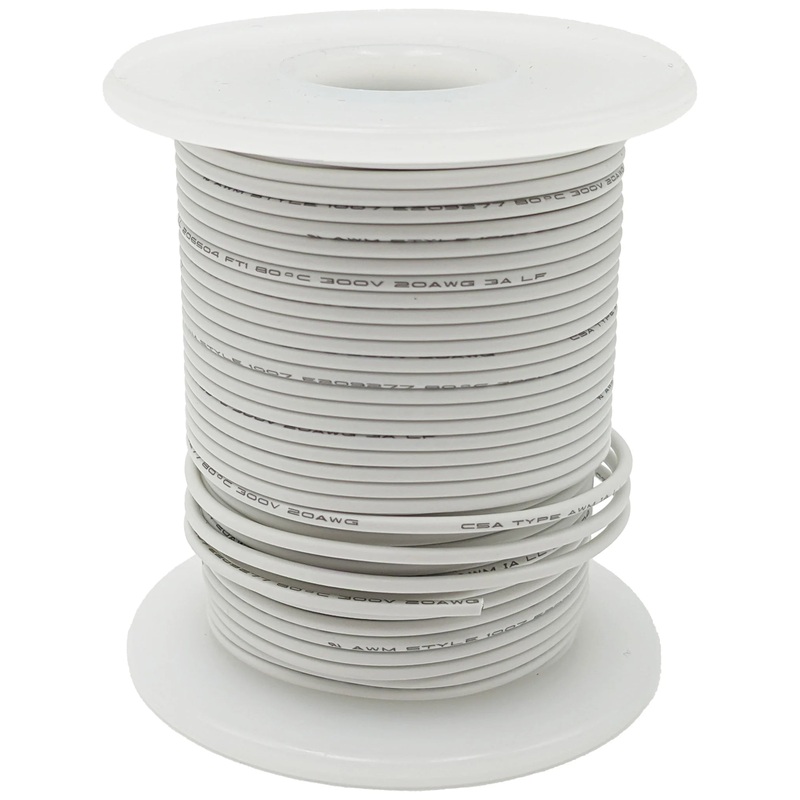 100 Feet White 20 Gauge Solid Hook-Up Wire, Tinned Copper, PVC Insulation (Shade May Vary), 300 Volts