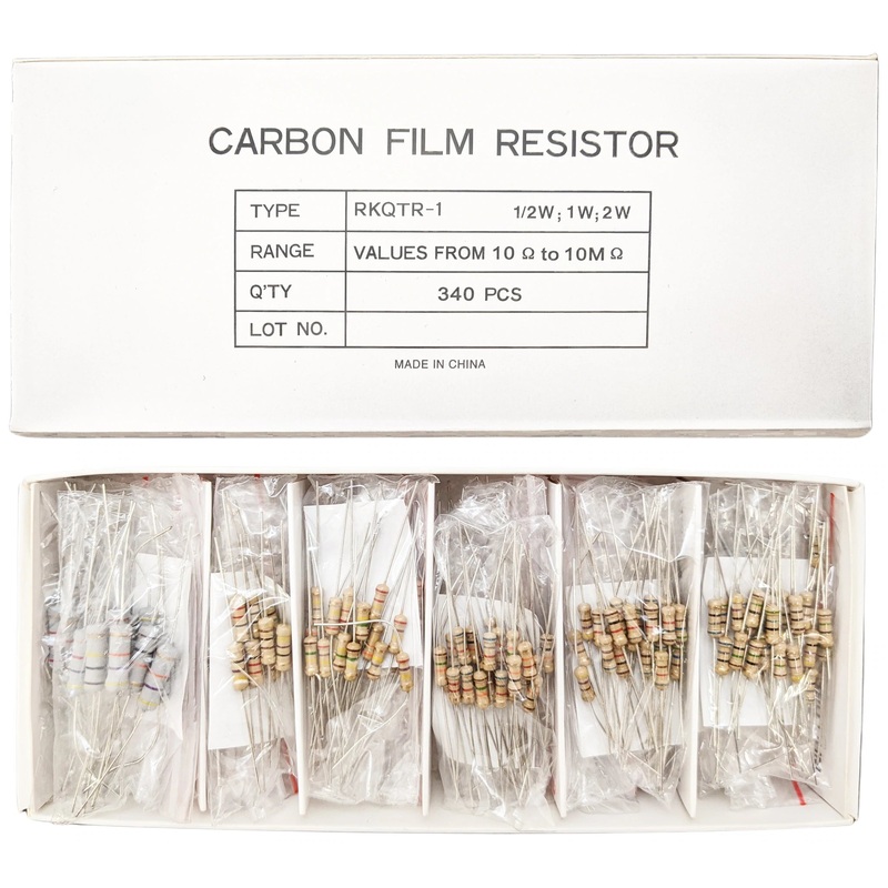 340 Piece Resistor Kit - Includes Assortment of  Watt, 1W, and 2W Resistors in Slotted Storage Box