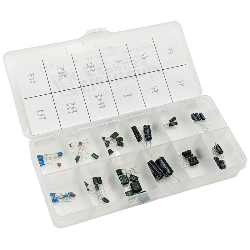 58 Piece Capacitor Assortment - Includes Disc, Mylar, and Electrolytic - Values from 4.7 pF to 2,200 F