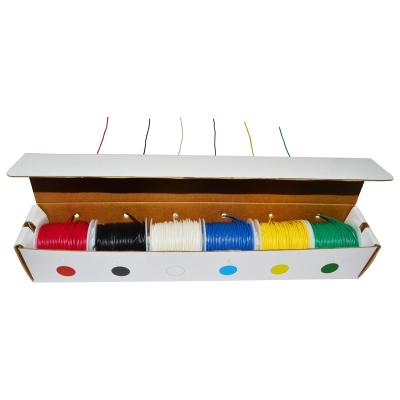 Solid 22 Gauge Hook Up Wire Kit - Includes 6 Different Color 100 Foot Spools, Tinned Copper, PVC Insulated