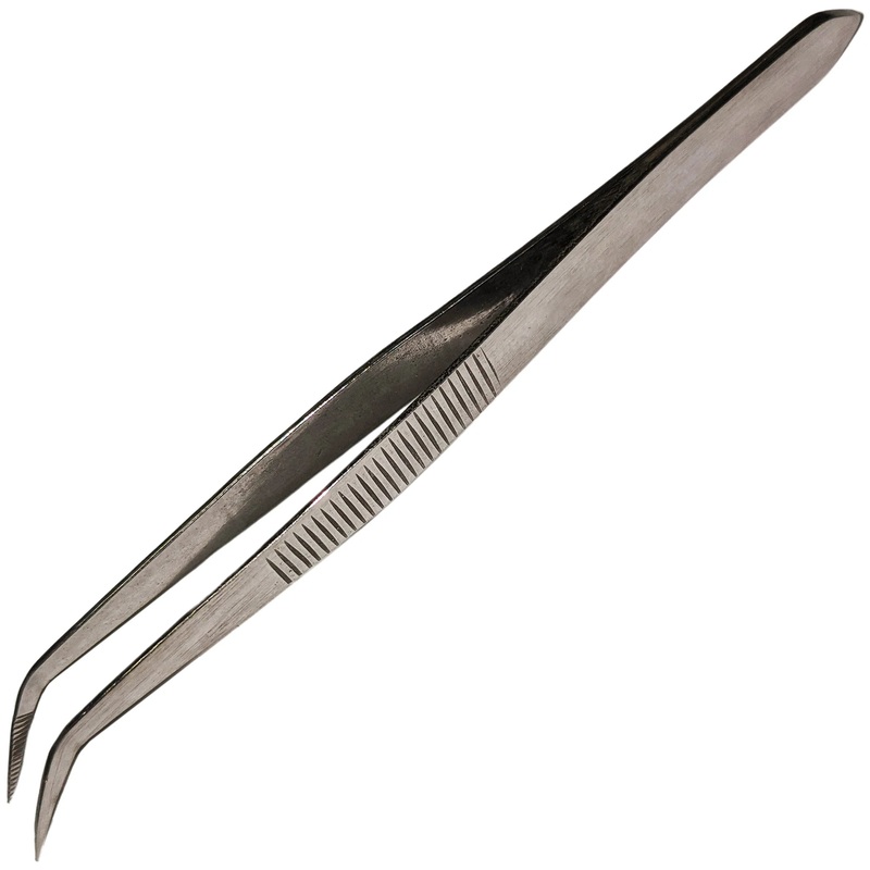 Stainless Steel Tweezers, 4" Curved with Fine Serrated Points
