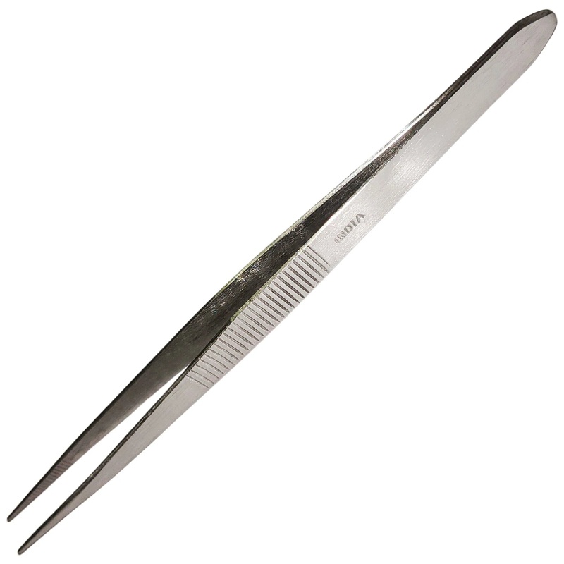 Stainless Steel Tweezers, 4" Straight with Fine Serrated Points
