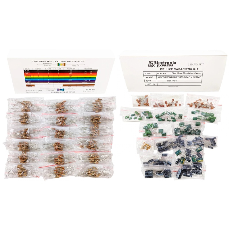Watt Resistor and Capacitor Combo Kit - Includes an Assortment of 365 Resistors and 220 Capacitors in Slotted Storage Boxes