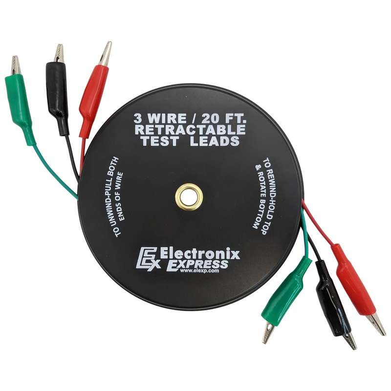 3 Wire 20 Foot Retractable Test Leads, Red / Black / Green 18 Gauge Wire with Alligator Clips on each End for Electrical Troubleshooting Cars / Boats