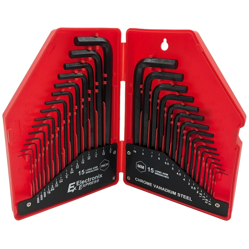 30 Piece Hex Wrench Set, Popular Inches and Metric Sizes with Red Storage Case
