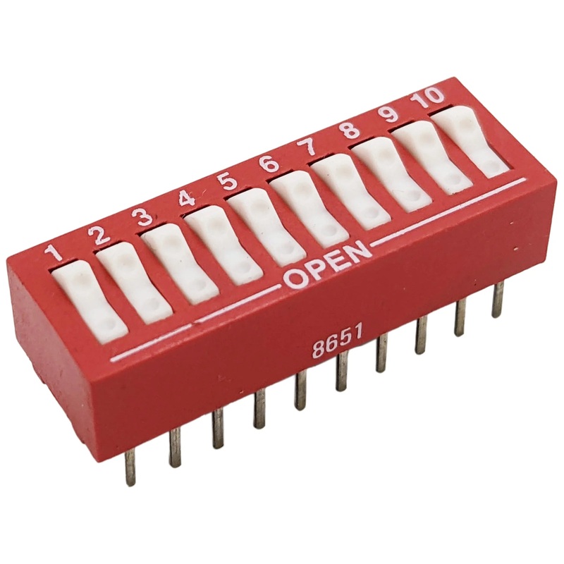 Rocker Style DIP Switch with 10 Switches, 20-Pin, SPST, Red Color, 27.4mm x 9.6mm x 7.9mm