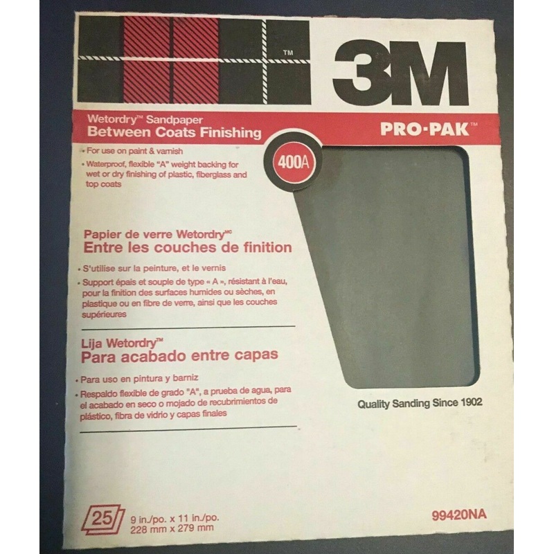 3M 99420NA 9" X 11" 400A WETORDRY SANDPAPER BETWEEN COATS FINISHING 25 PACK USA