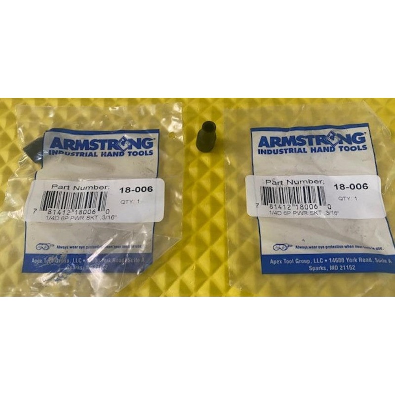 Armstrong 18-006 1/4" Drive 3/16" Impact Socket 6 Point 2pcs USA