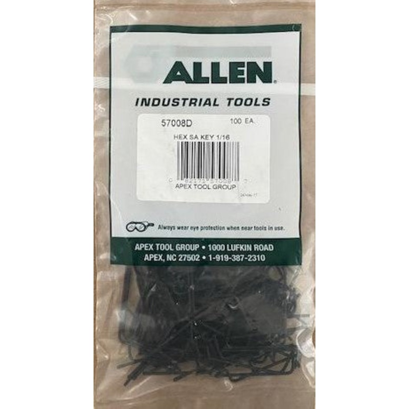 Allen 57008D 1/16" Hex Keys Alloy Steel - Short Arm Wrenches USA 100pcs.