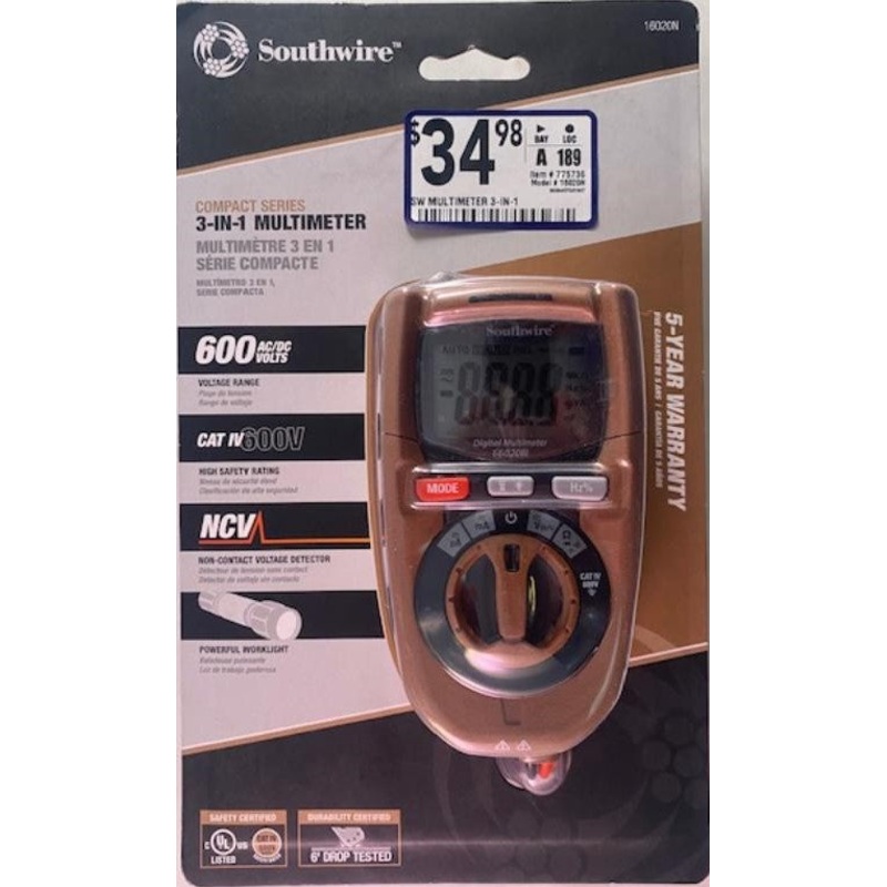 Southwire MULTIMETER 16020N Compact 3-in-1 CAT IV Multimeter 600V NCV Worklight