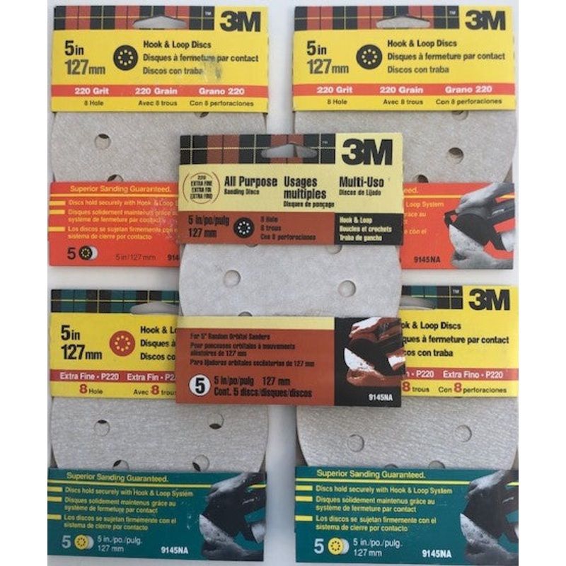 3M 9145NA 5" 220 Grit 8 Hole Hook & Loop Sanding Discs 5 Packs of 5 USA