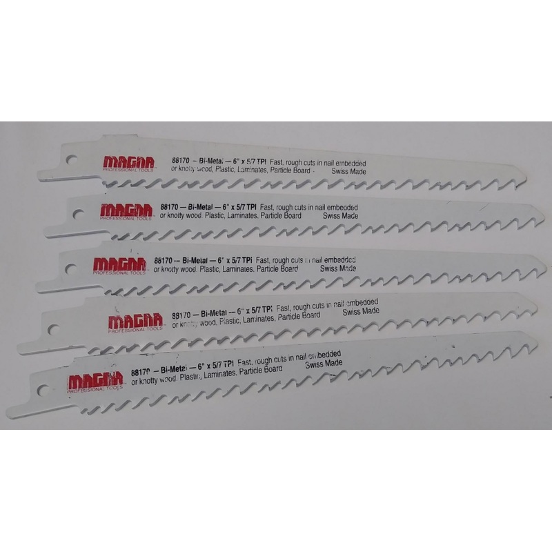Magna 88170 6" x 5/7 TPI Bi-Metal Reciprocating Saw Blades (5 Blades) Swiss