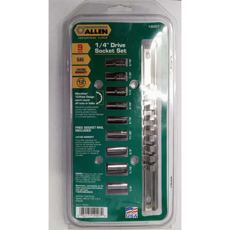 Allen 19007 9pc 12-Point SAE 1/4" Drive Socket Set 3/16"-1/2" USA