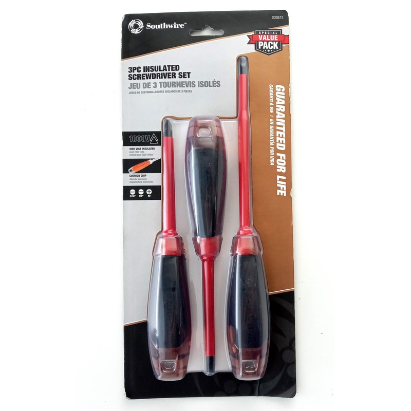 Southwire SDISET3 3-Pc Insulated Screwdrivers 1000V 1/4" & 3/16" Slotted & #2 Ph