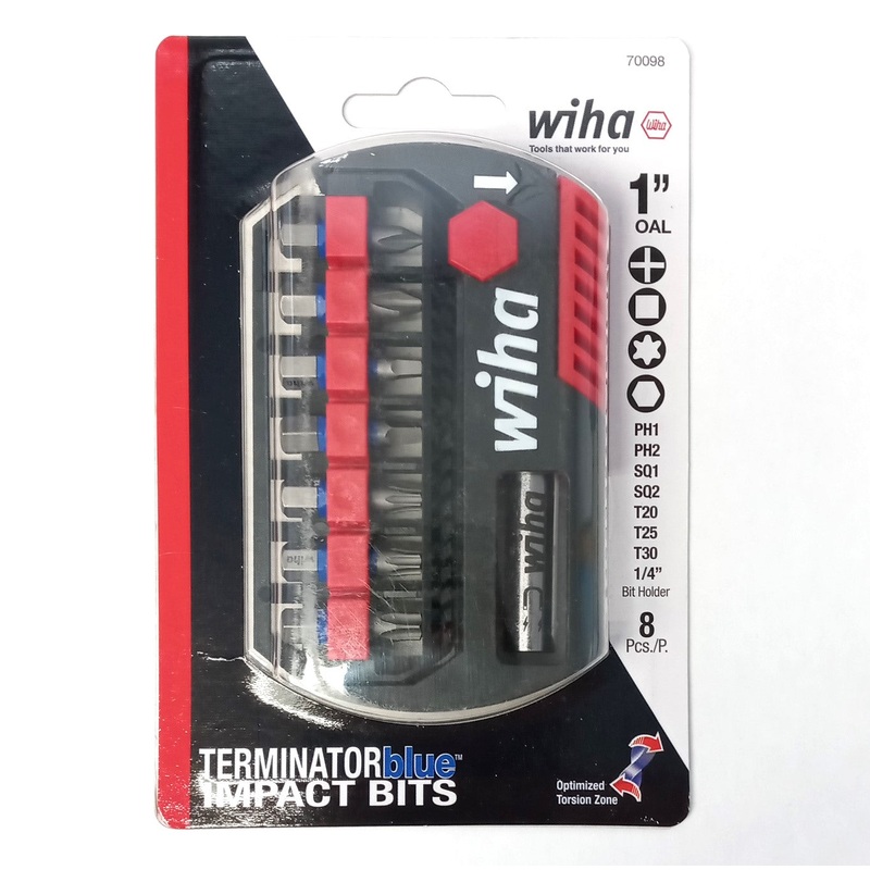 Wiha 70098 8-Piece Terminator Blue Impact Screw Bit Set With Magnetic Bit Holder