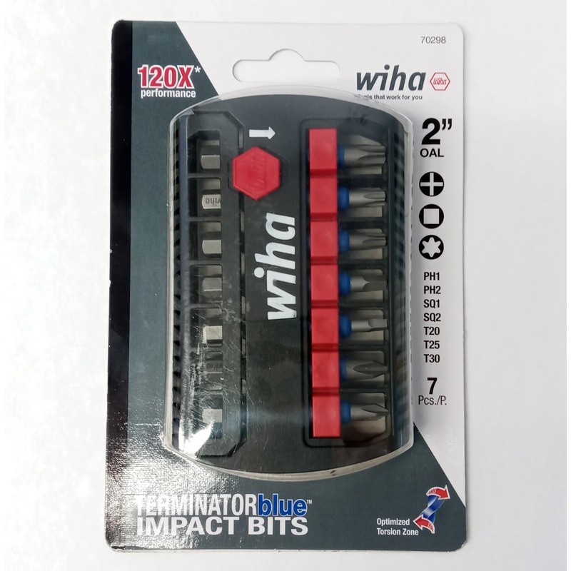WIHA 70298 Bit Buddy 7 Piece Terminator Blue Impact Screw Bits 2" Long