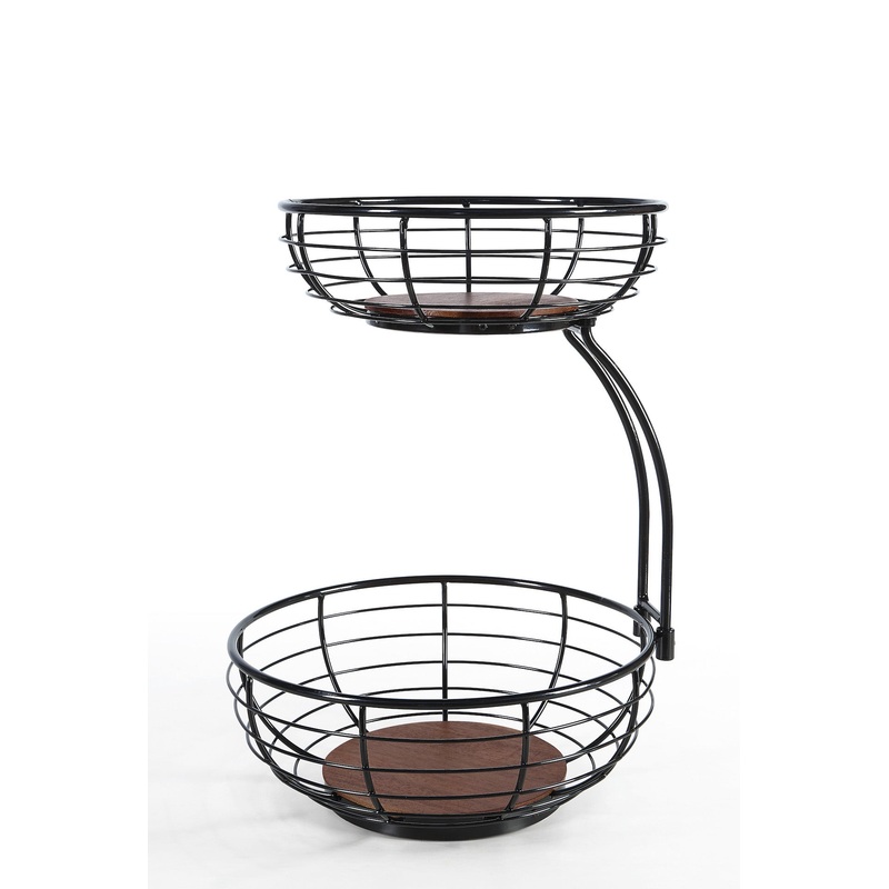 SunnyPoint Classic Tabletop 2-Tier Fruit Wire Basket Bowl Stand with Wooden Base