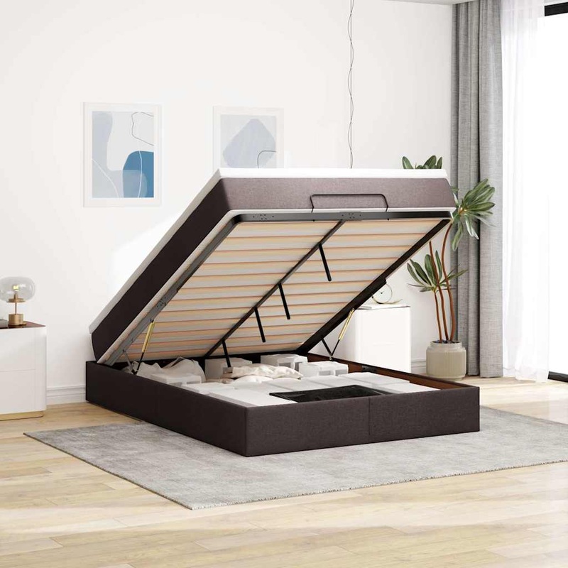 Cadre de lit ottoman avec matelas marron fonc 140x200 cm tissu