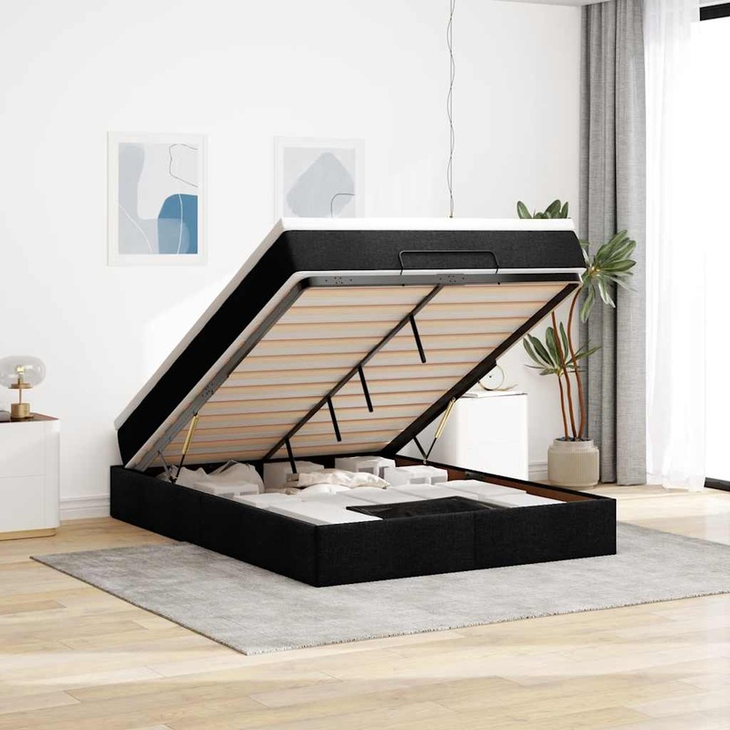 Cadre de lit ottoman avec matelas noir 140x200 cm tissu