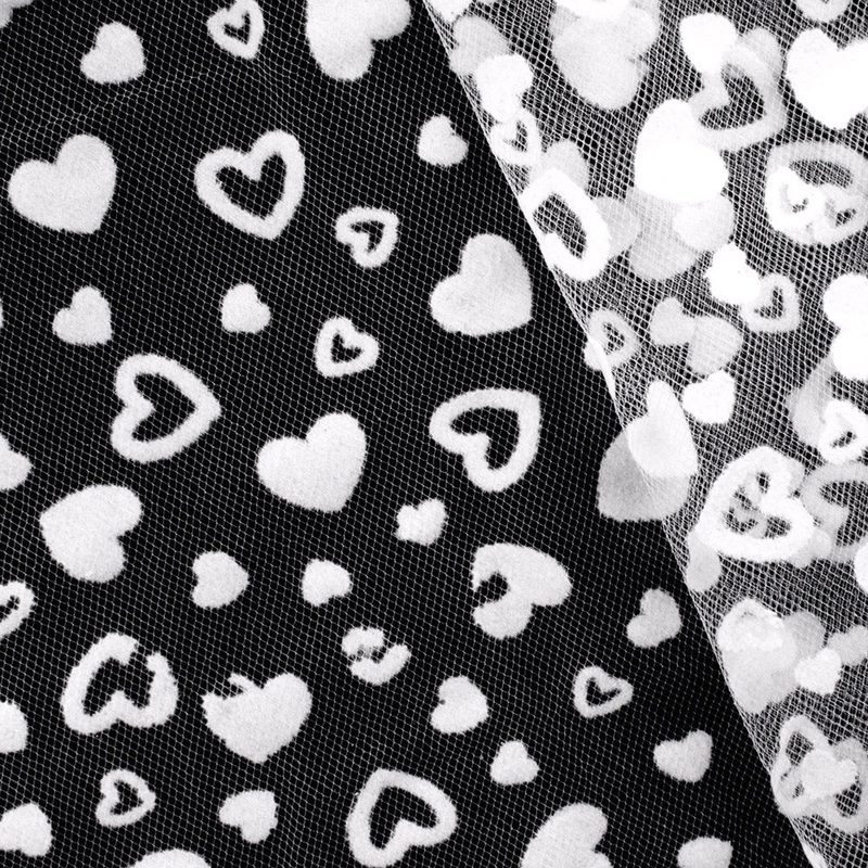 Flocked Tulle  - Hearts - White / White